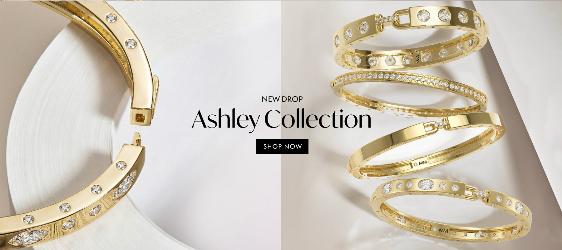 Gold bracelets with embedded stones on a light background, featuring the 'Ashley Collection' text.