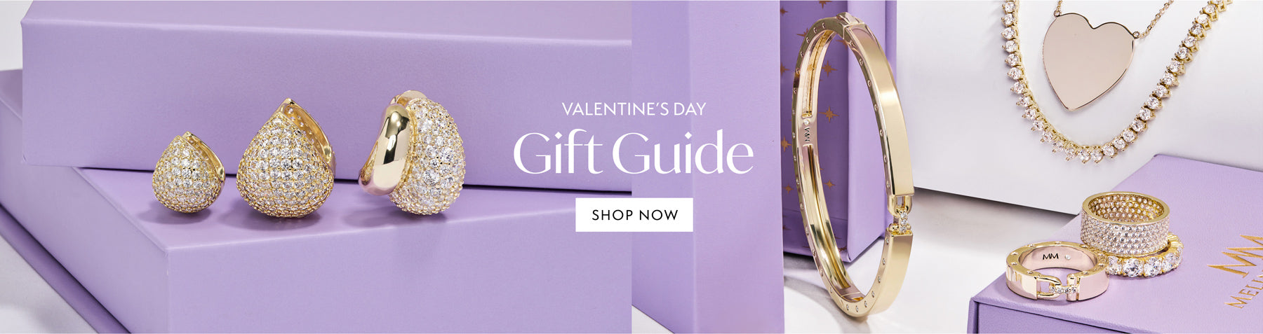 Valentine's Day jewelry gift guide with earrings, ring, and bracelet on a purple background.