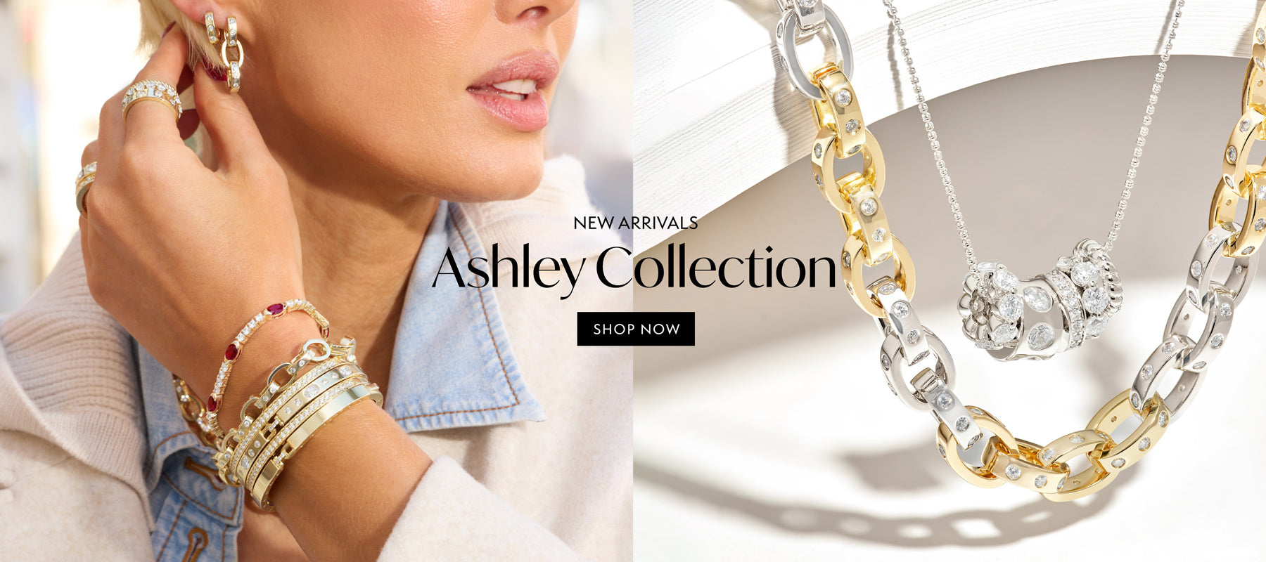 Model wearing bracelets from our Ashley collection and two necklaces from that collection on a white background.