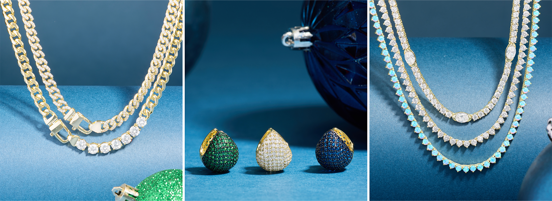 Collage of diamond necklaces and earrings on a blue background