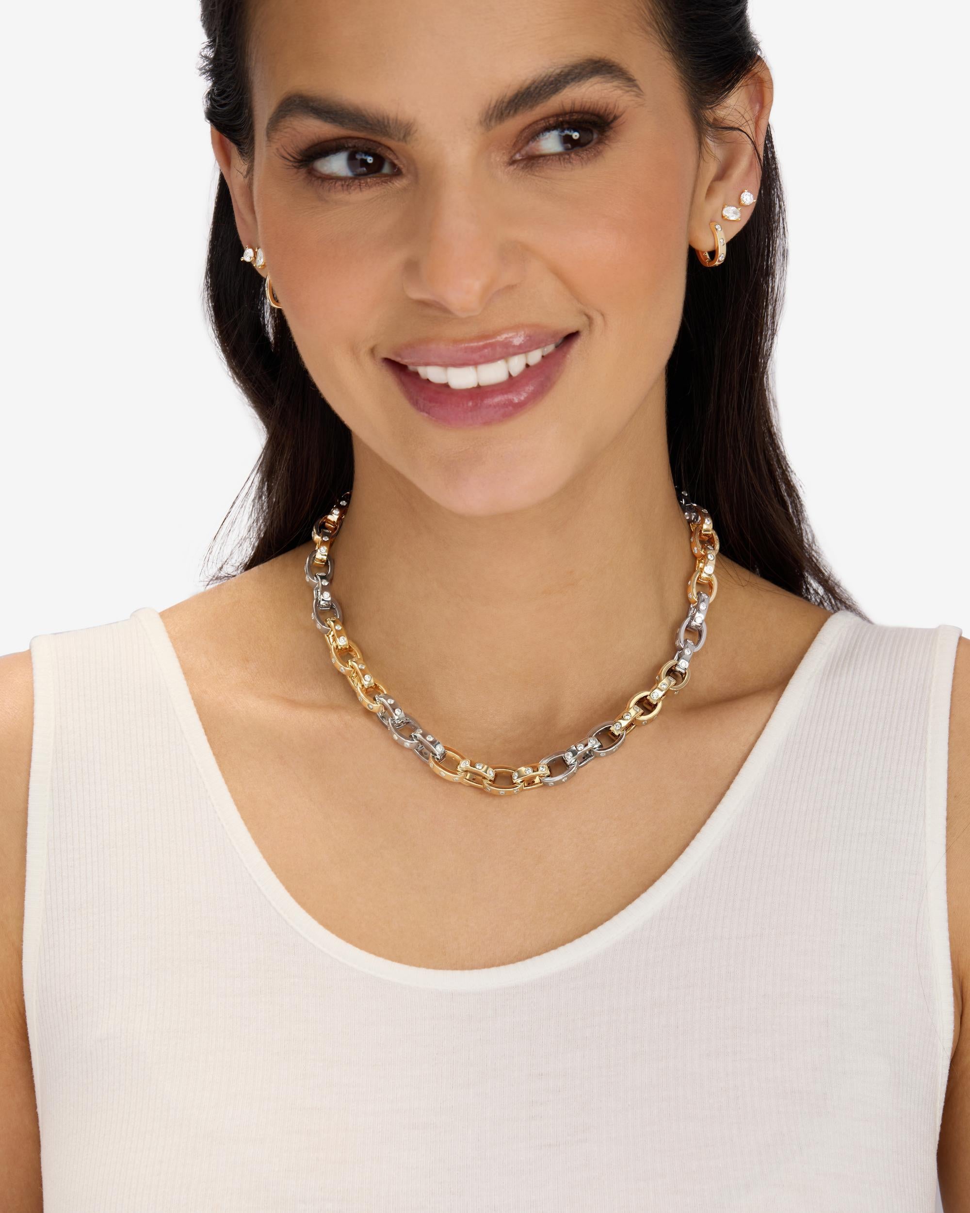 Ashley Chain Link Necklace 9mm - Mixed Metal|White Diamondettes