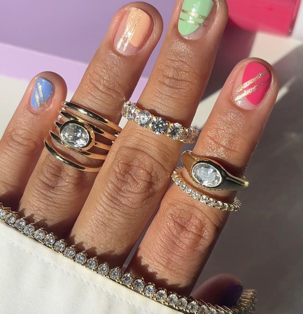 Close up photo of manicure with rings.