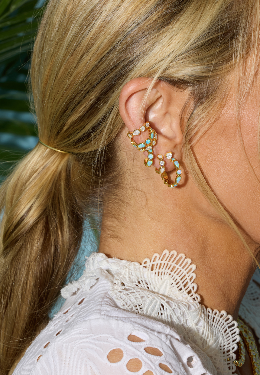 Closeup of earrings from NEW Isla collection on model