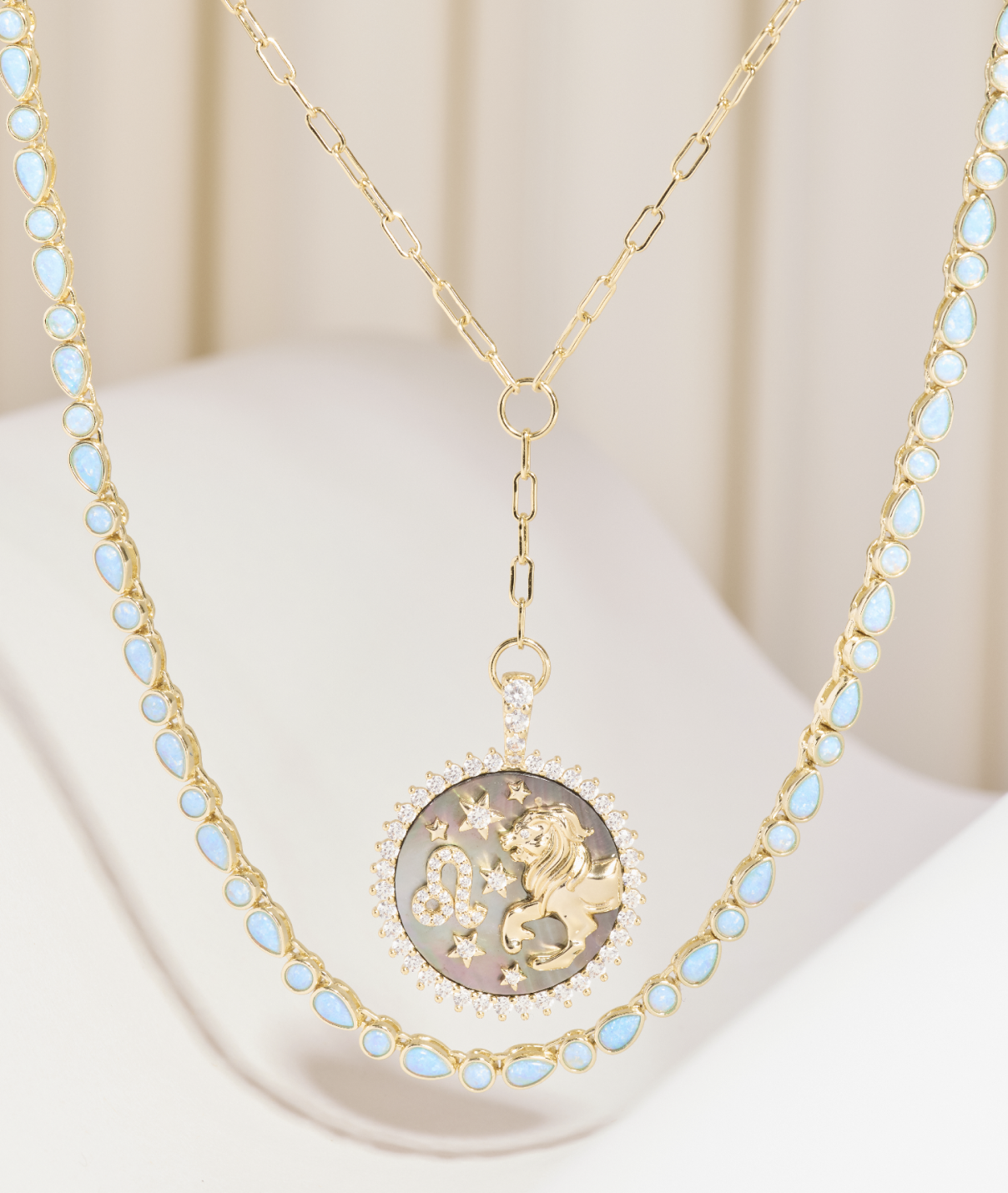 Necklace with a round pendant featuring a lion design on a white background