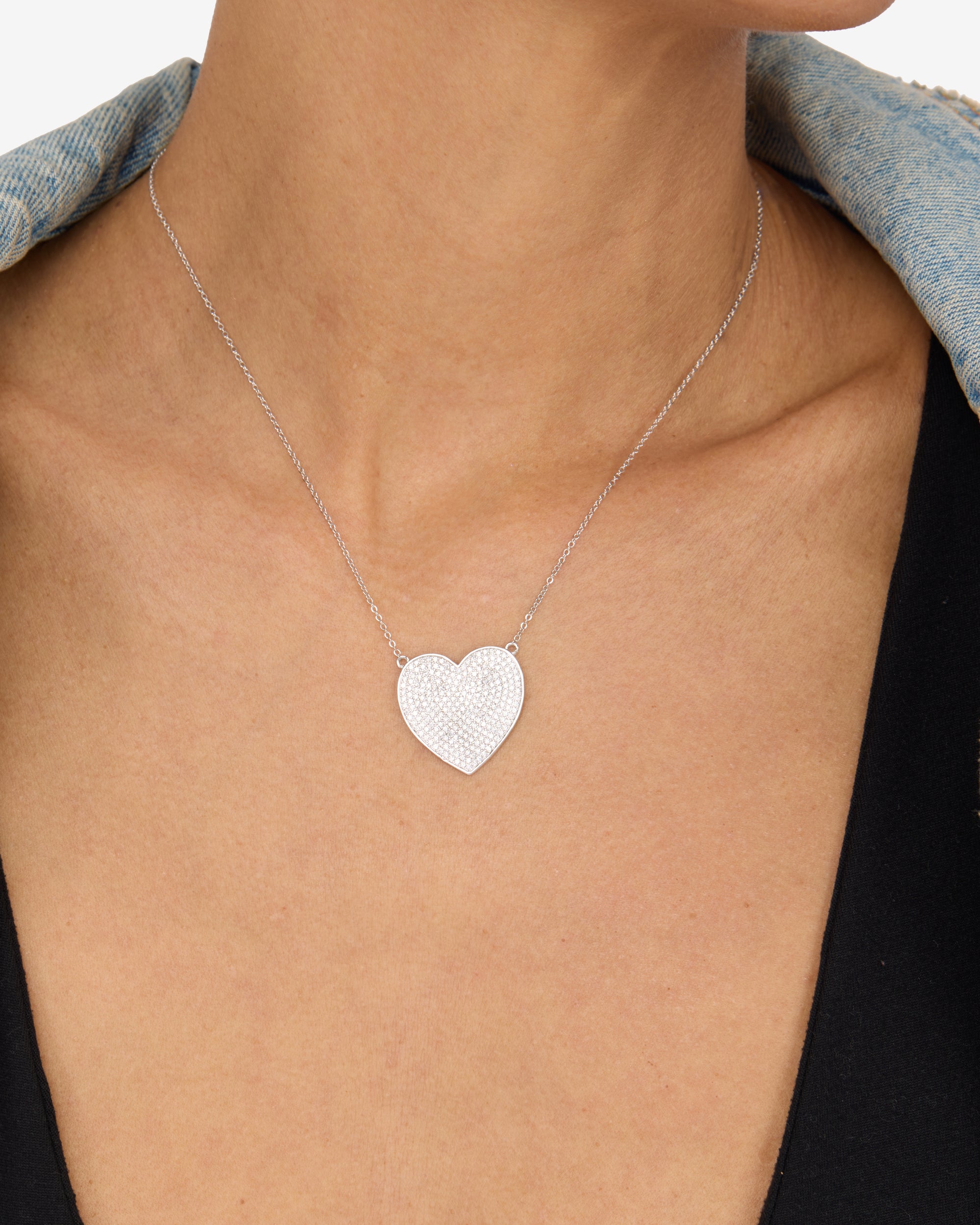 XL You Have My Whole Heart Pavé Necklace - Silver|White Diamondettes