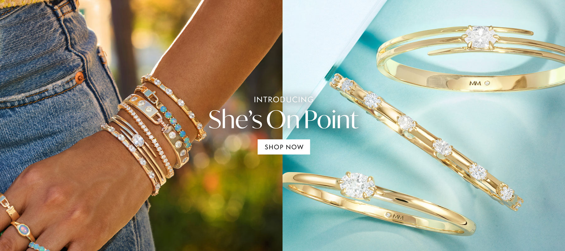 Gold bracelets on a wrist with 'She's On Point' branding and product display.