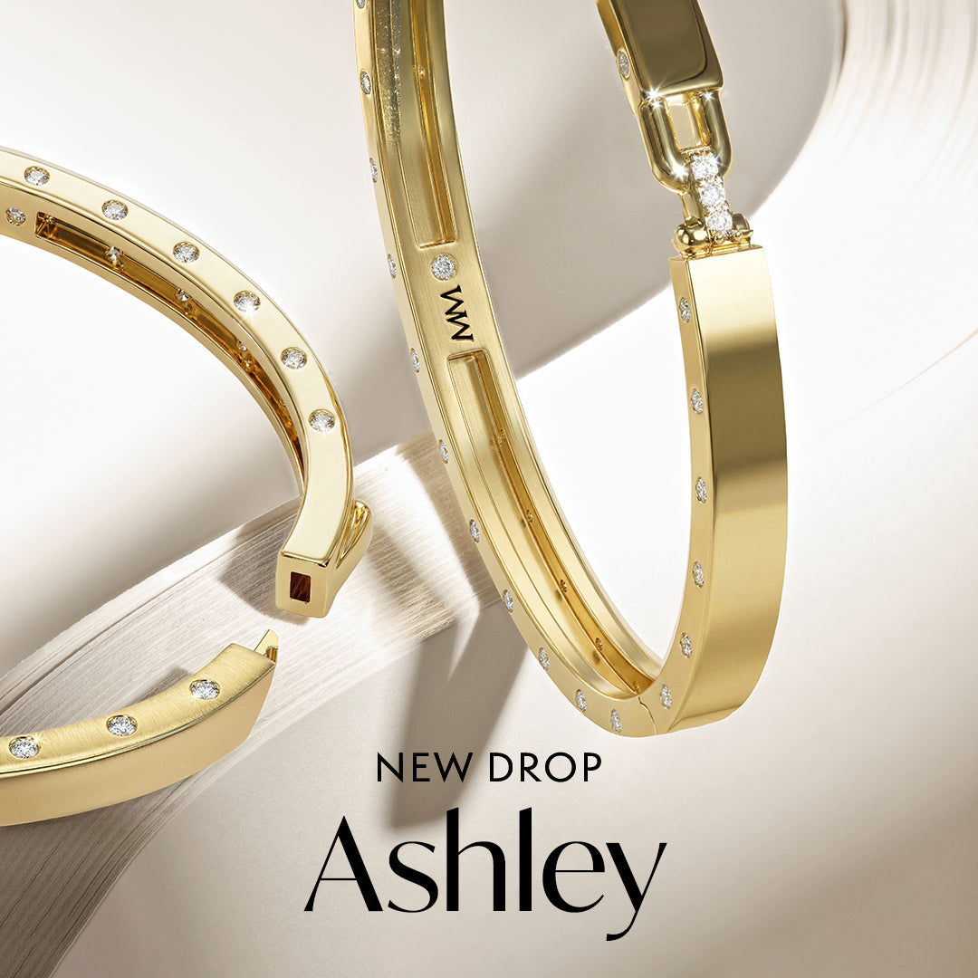 Gold cuff bracelets with embedded stones on a light background, featuring the collection name 'Ashley'.