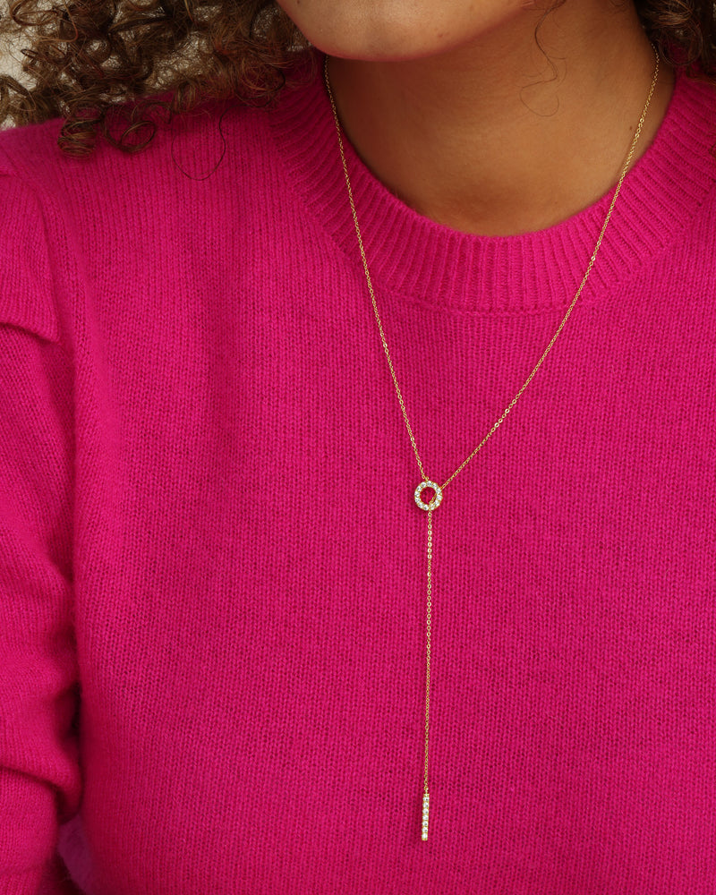 "Oh She Fancy" Lariat Necklace - Gold|White Diamondettes