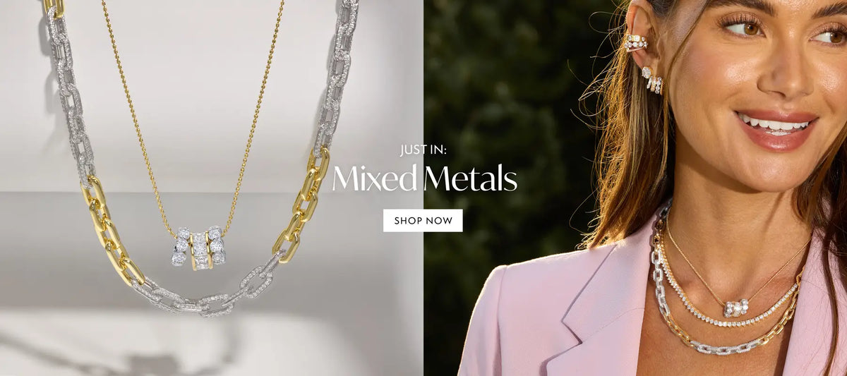 A split promotional image for mixed-metal necklaces. The left side shows two delicate necklaces against a light gray background: one with large gold and silver chain links and one with a fine gold chain and a small silver pendant with clear stones.