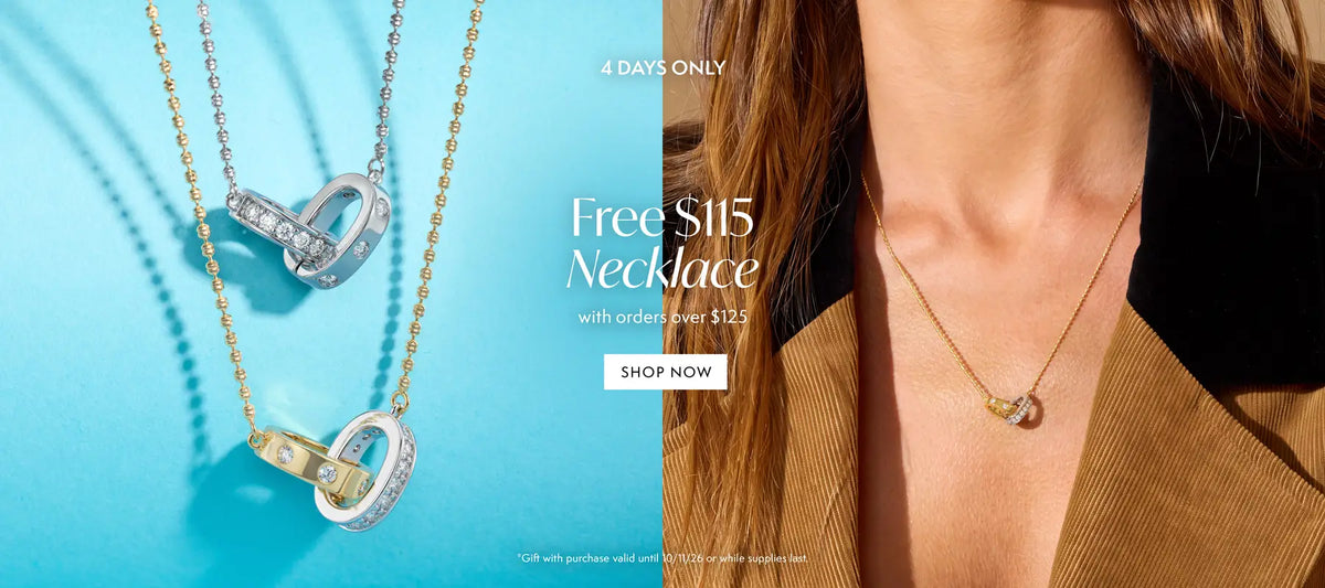 Promotional jewelry banner featuring a gold and silver interlocking heart necklace on a bright blue background, alongside a model wearing a gold & silver necklace with a interlocking rings pendant. Text reads '4 DAYS ONLY Free $115 Necklace with orders over $125' and includes a 'SHOP NOW' button.
