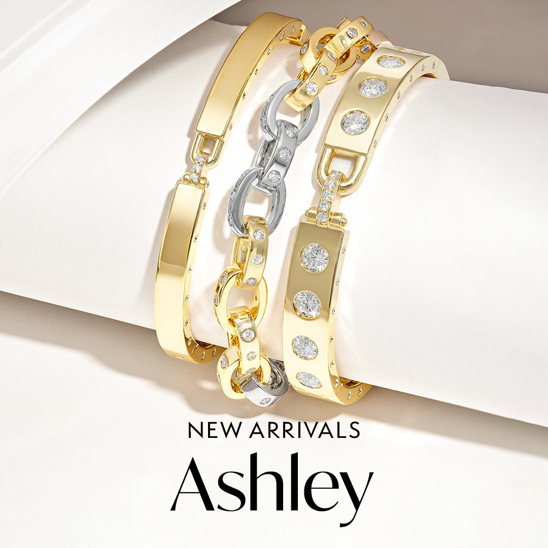 Three gold and silver bracelets with diamonds on a white surface, featuring the 'Ashley' styles.