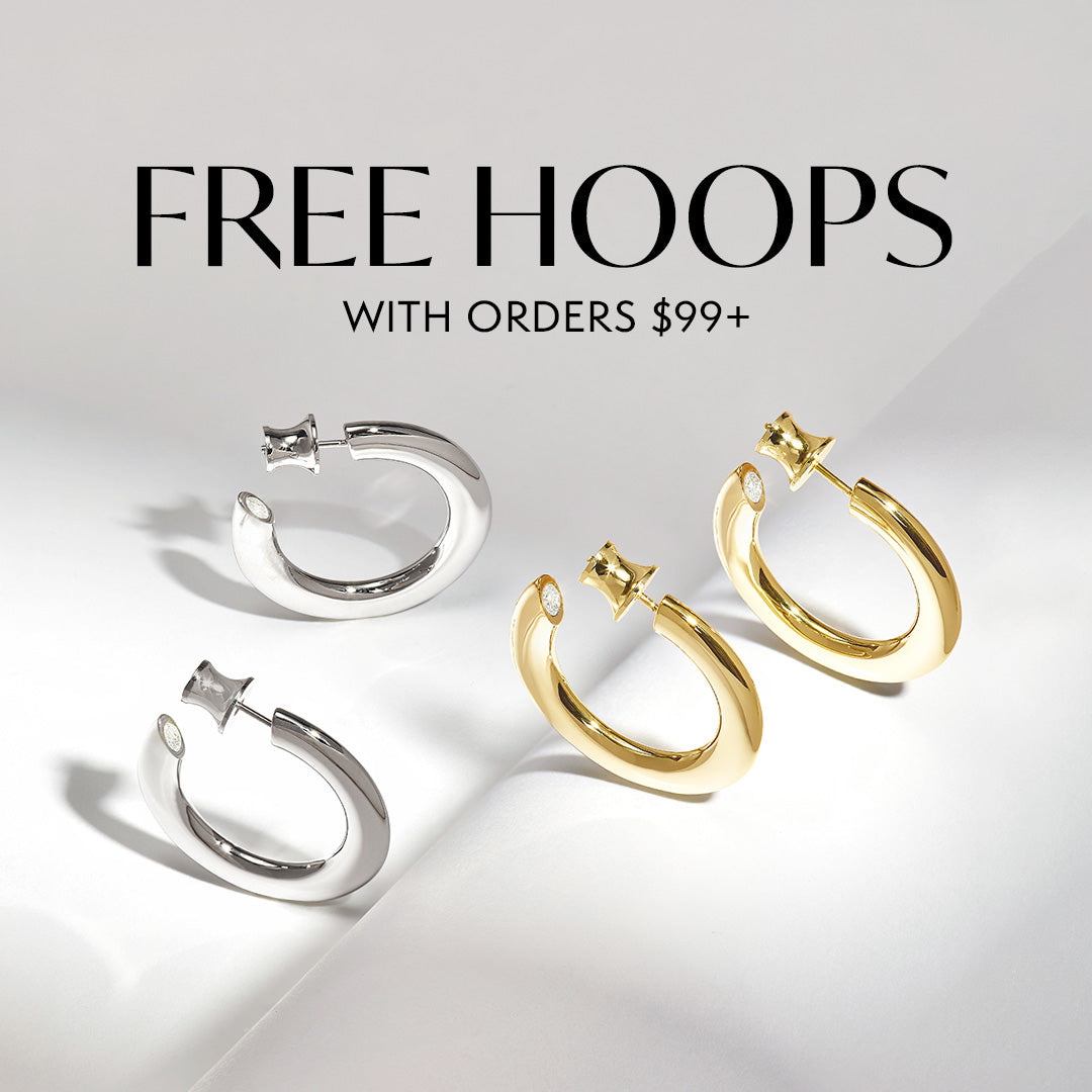 Gold and silver hoop earrings on a light gray background with promotional text.