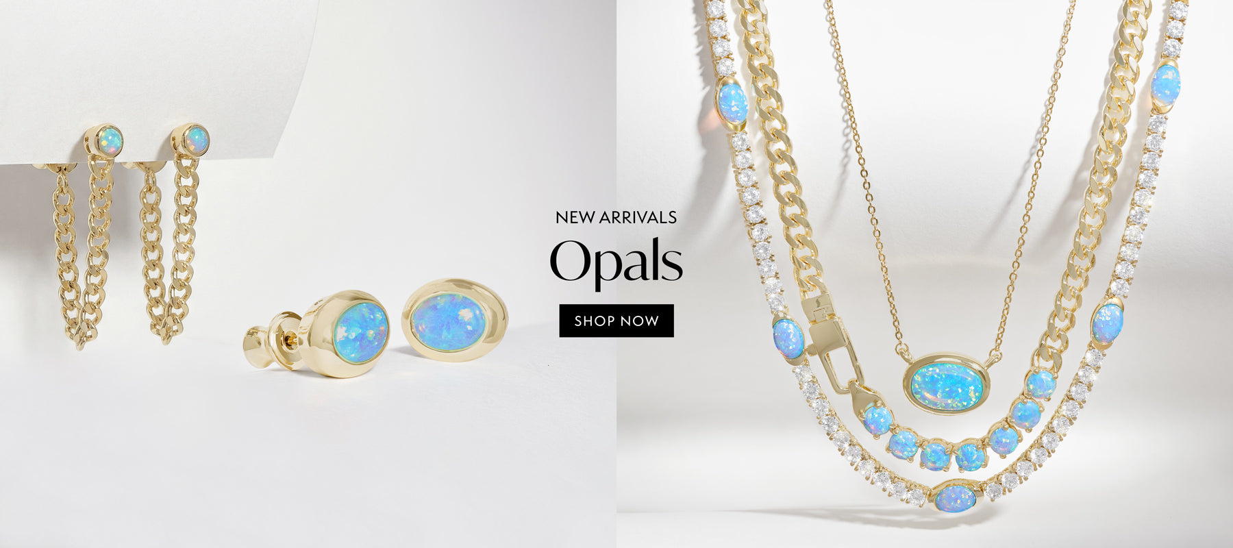 Jewelry set with opal stones including necklaces and earrings on a white background.