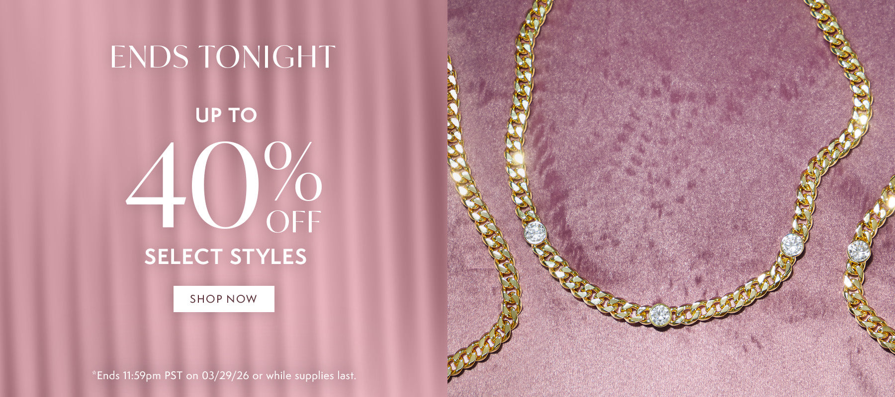 Promotional banner for jewelry sale with gold chain necklace on a pink background