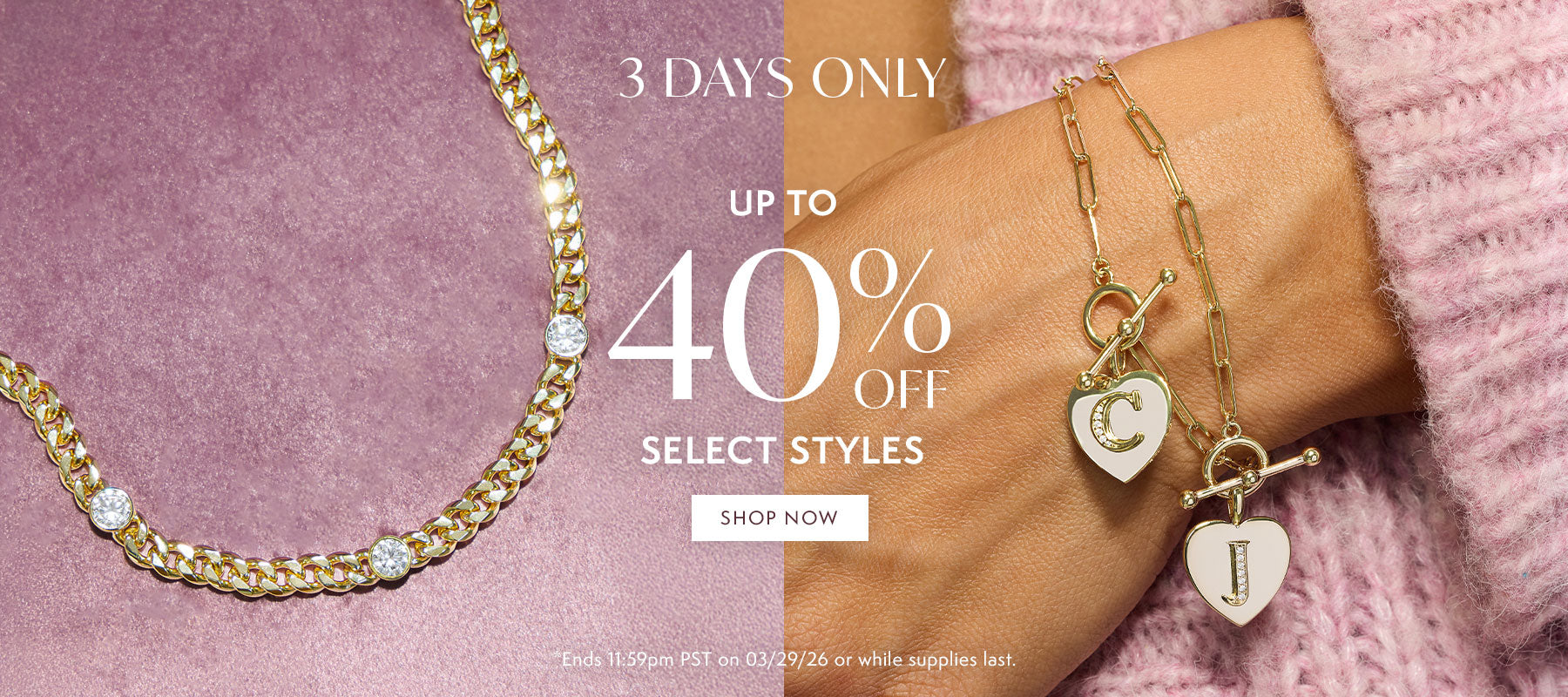 Gold jewelry with promotional text on a pink background