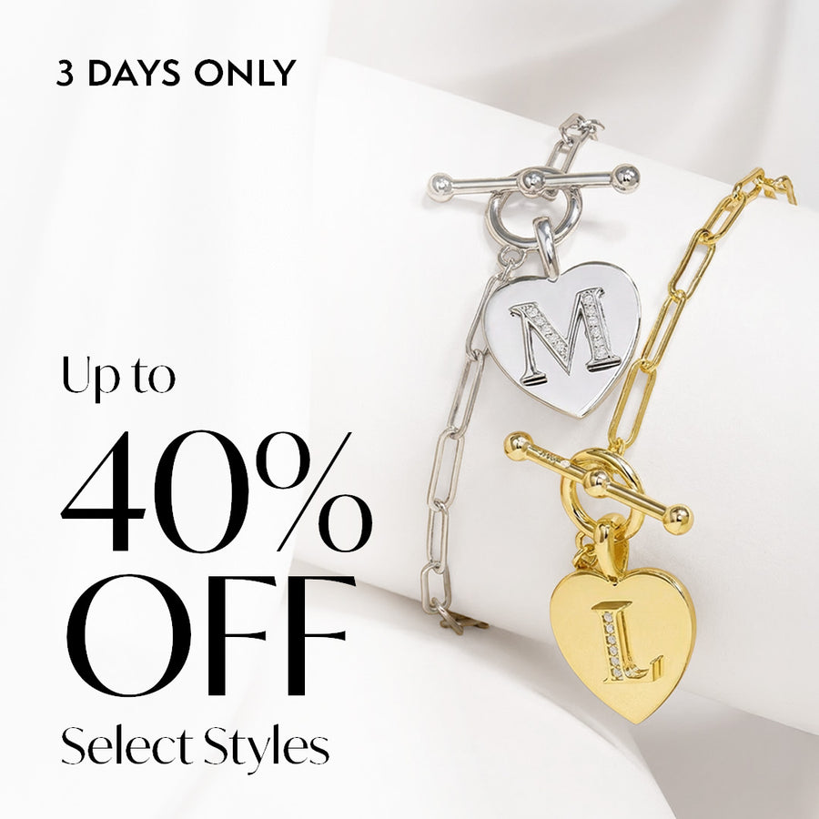 Two heart-shaped charm bracelets, one silver and one gold, with 'M' and 'L' initials on a white background. Sale text overlay: '3 Days Only, Up to 40% Off Select Styles'.