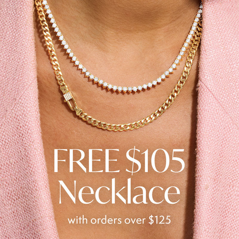 Two necklaces on a person's neck with promotional text for a free necklace offer.