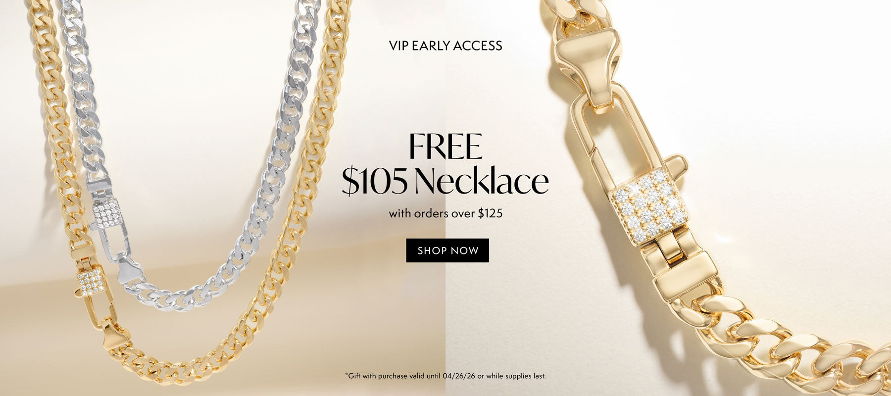 Gold and silver chains with a promotional message on a light background