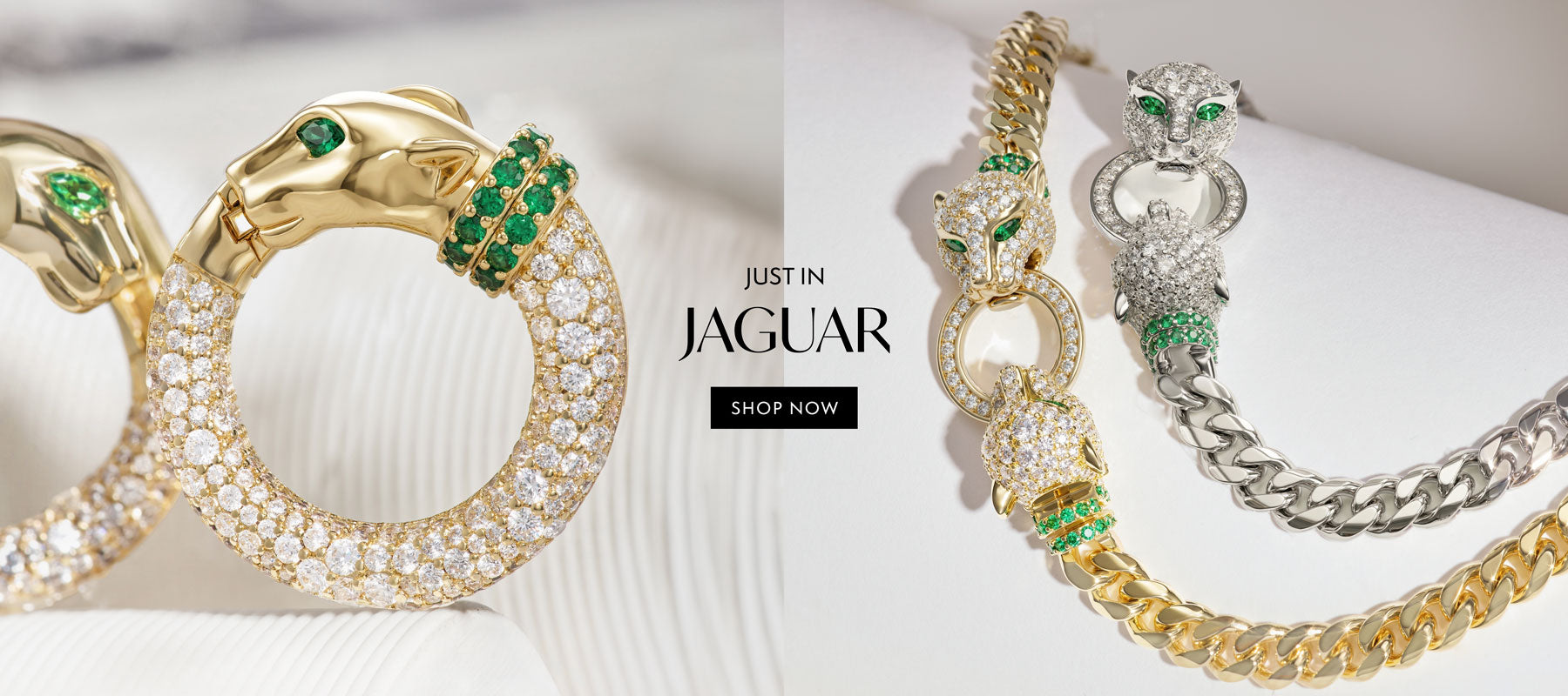 Gold and silver jewelry with emerald accents on a white background, featuring 'Just in Jaguar' text.