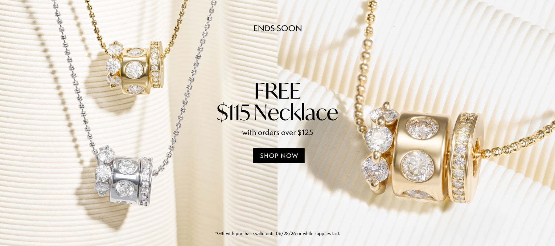 Jewelry advertisement with gold and silver necklaces on a textured white background.
