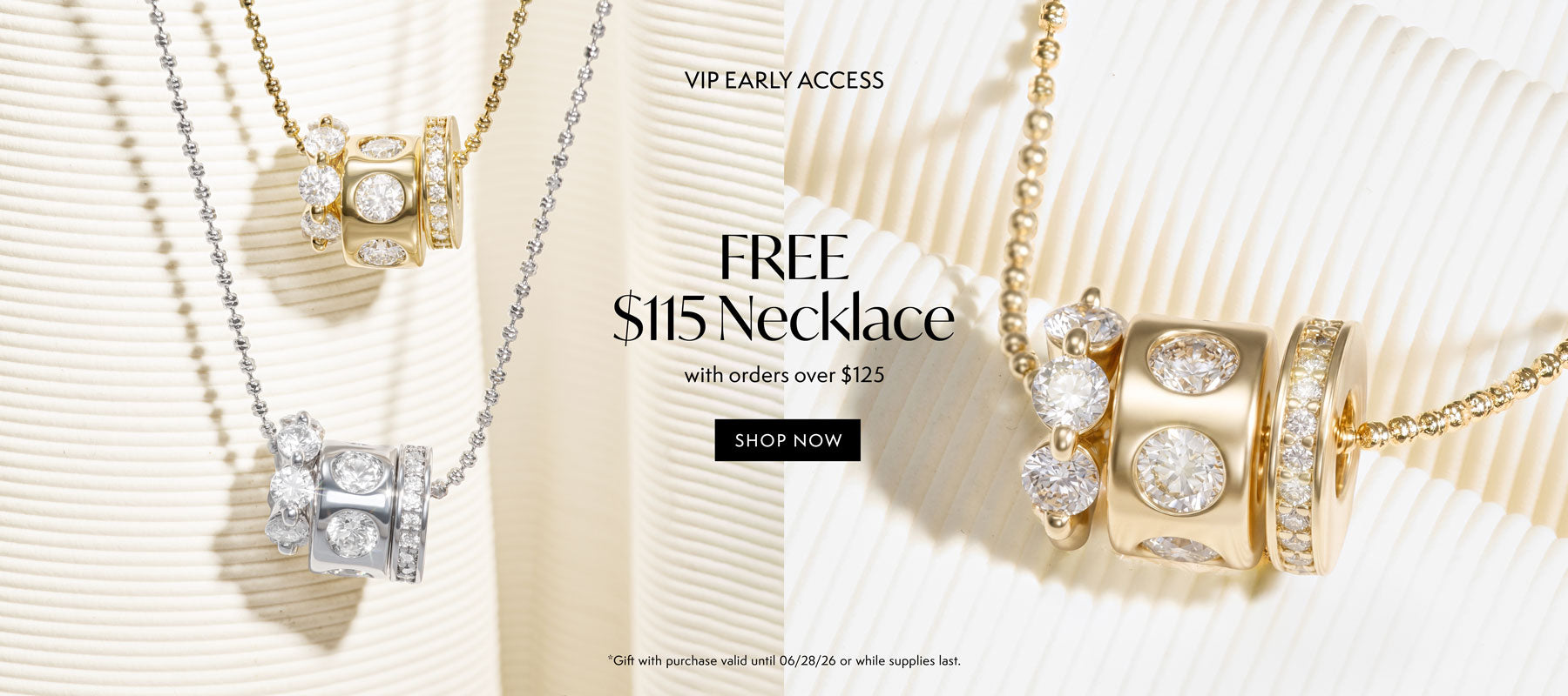 Gold and silver necklaces with a promotional message on a white background