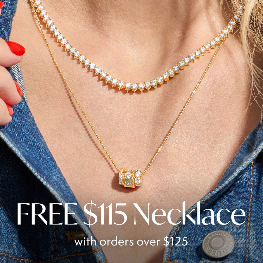 Gold necklace with a free $115 necklace offer text overlay