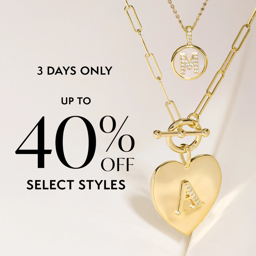 Gold necklaces on a white background with Up to 40% Off Select Styles messaging