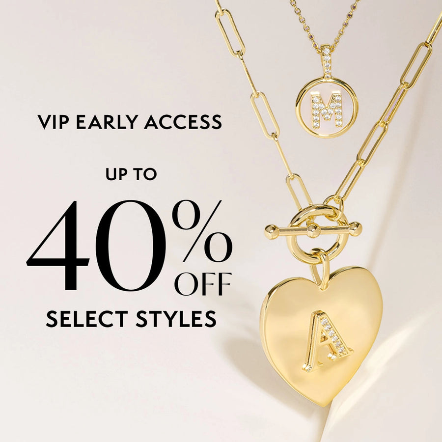 Gold necklaces on a white background with 40% Off Select Styles messaging