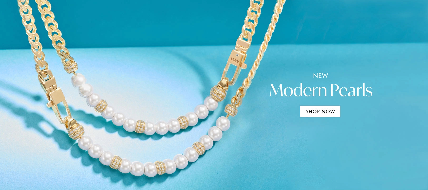 A double-strand necklace featuring white pearls and gold-toned chain links with small gold bead accents, displayed on a bright blue background with the text 'NEW Modern Pearls' and a 'SHOP NOW' button.