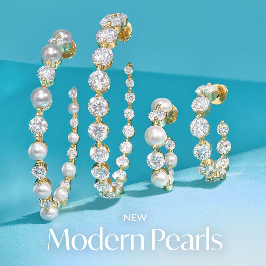 Four gold-tone pearl and crystal hoop earrings in different lengths, arranged on a bright turquoise background with the text 'NEW Modern Pearls' at the bottom.