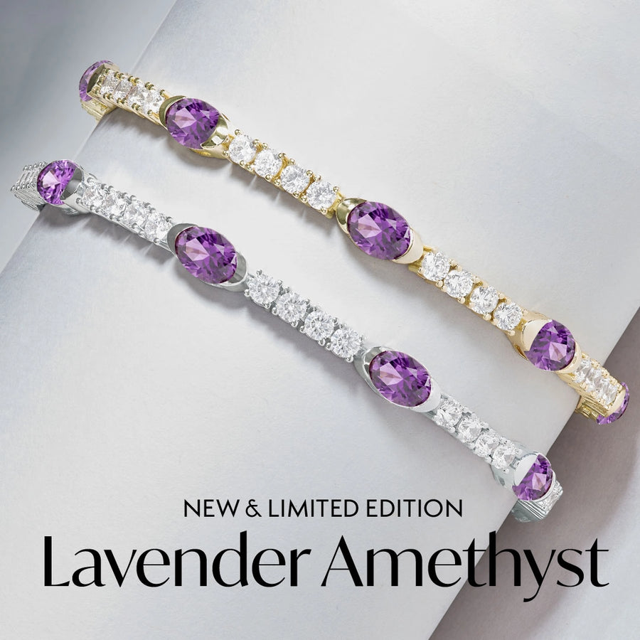 New Lavender Amethyst The Maven Tennis Bracelet on a grey background