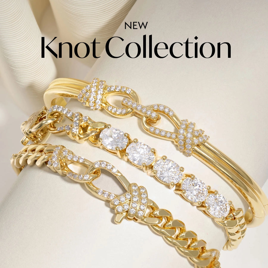 Three gold-toned bracelets from the Knot Collection, featuring diamond-like clear stones, displayed on a cream-colored jewelry stand with 'NEW Knot Collection' text overlay.