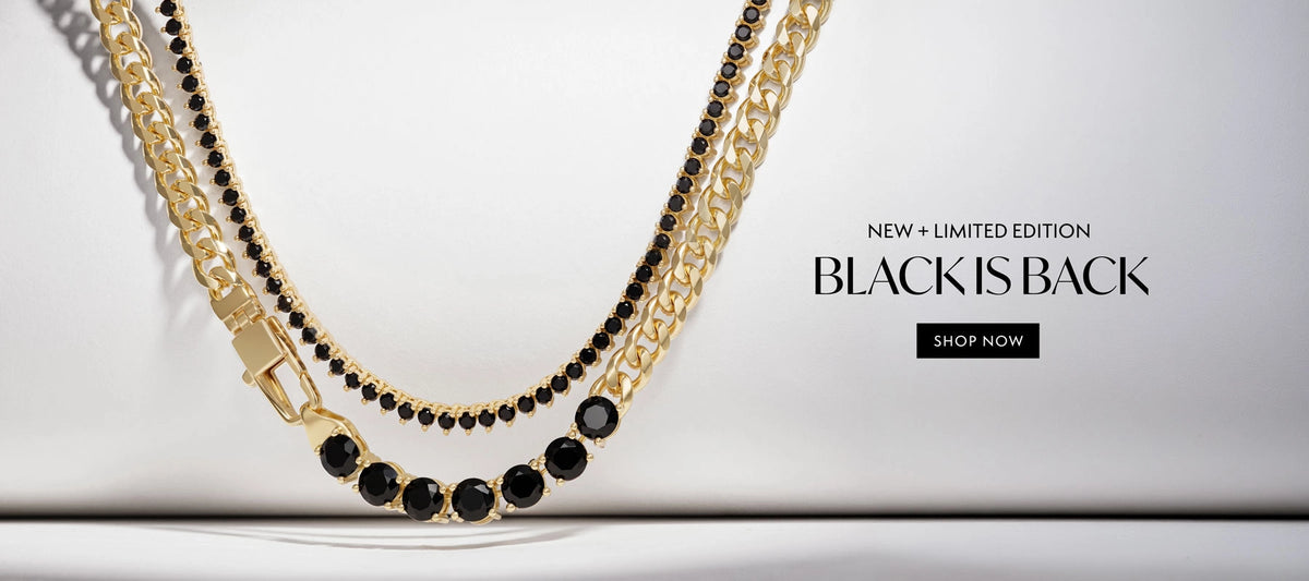 A double-layered necklace featuring a gold chain and a black beaded chain with a row of black oval stones at the center, displayed against a white background with promotional text on the right.