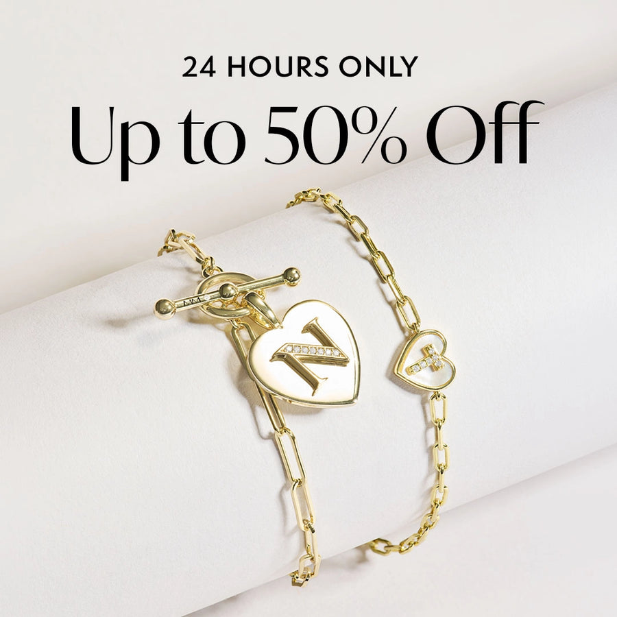 Gold chain bracelet with heart charms displayed on a white cylindrical form, with promotional text reading '24 HOURS ONLY Up to 50% Off' above it.