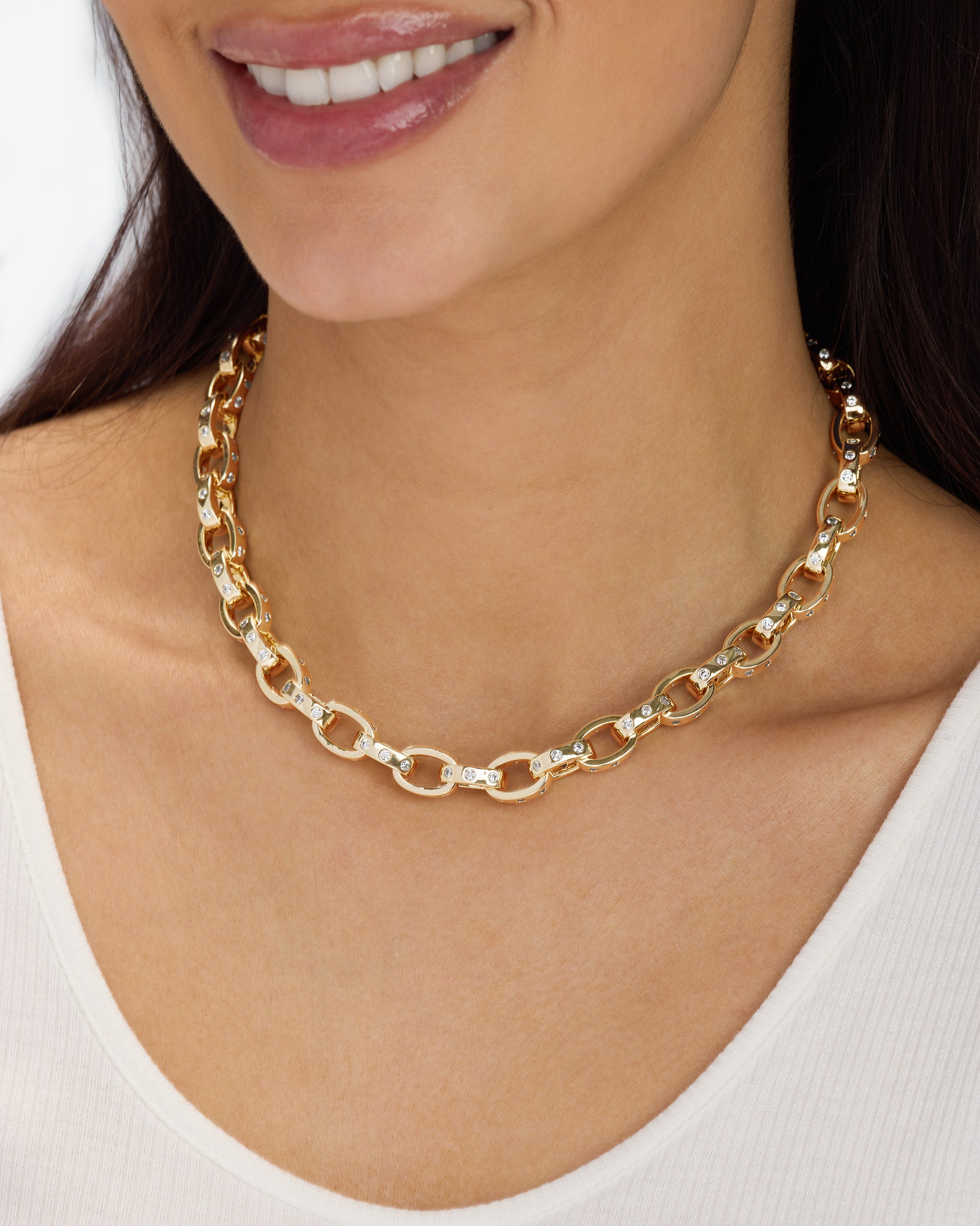 Ashley Chain Link Necklace 9mm - Gold|White Diamondettes
