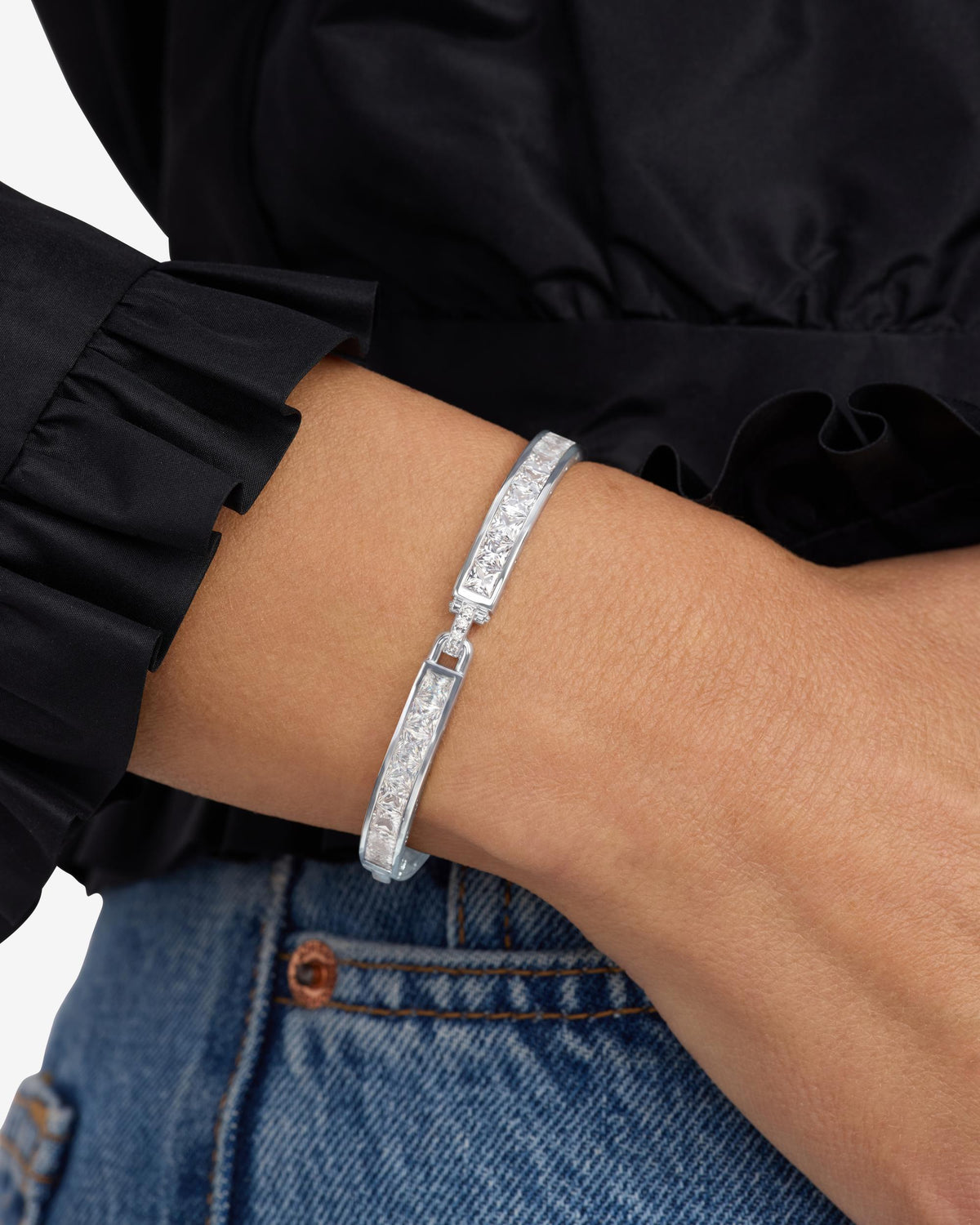 Ashley Melrose Lock Cuff 6mm - Silver|White Diamondettes