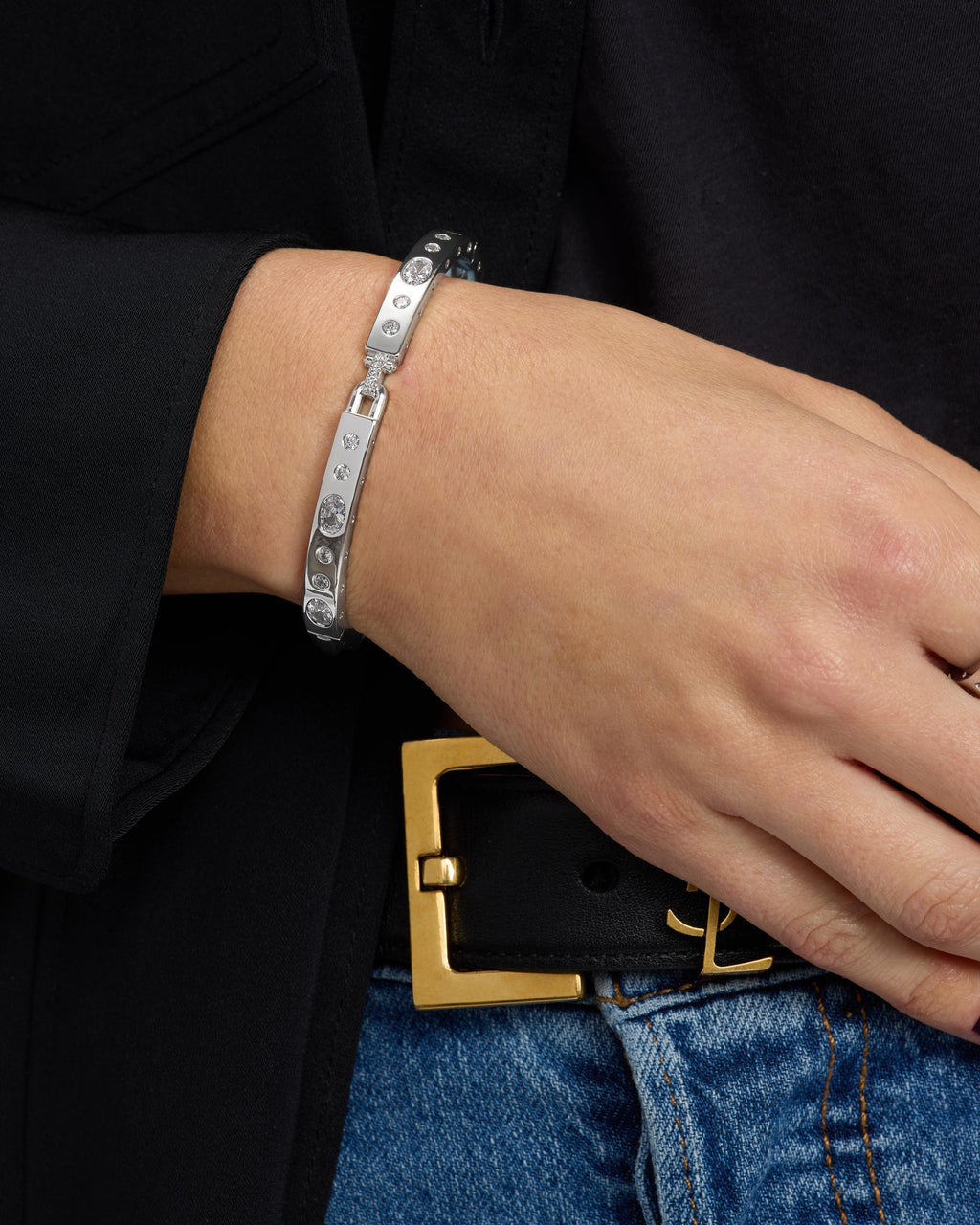 Ashley Sunset Lock Cuff 6mm - Silver|White Diamondettes