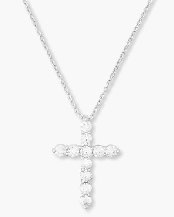 "Oh She Fancy" Cross Pendant 15" - Silver|White Diamondettes