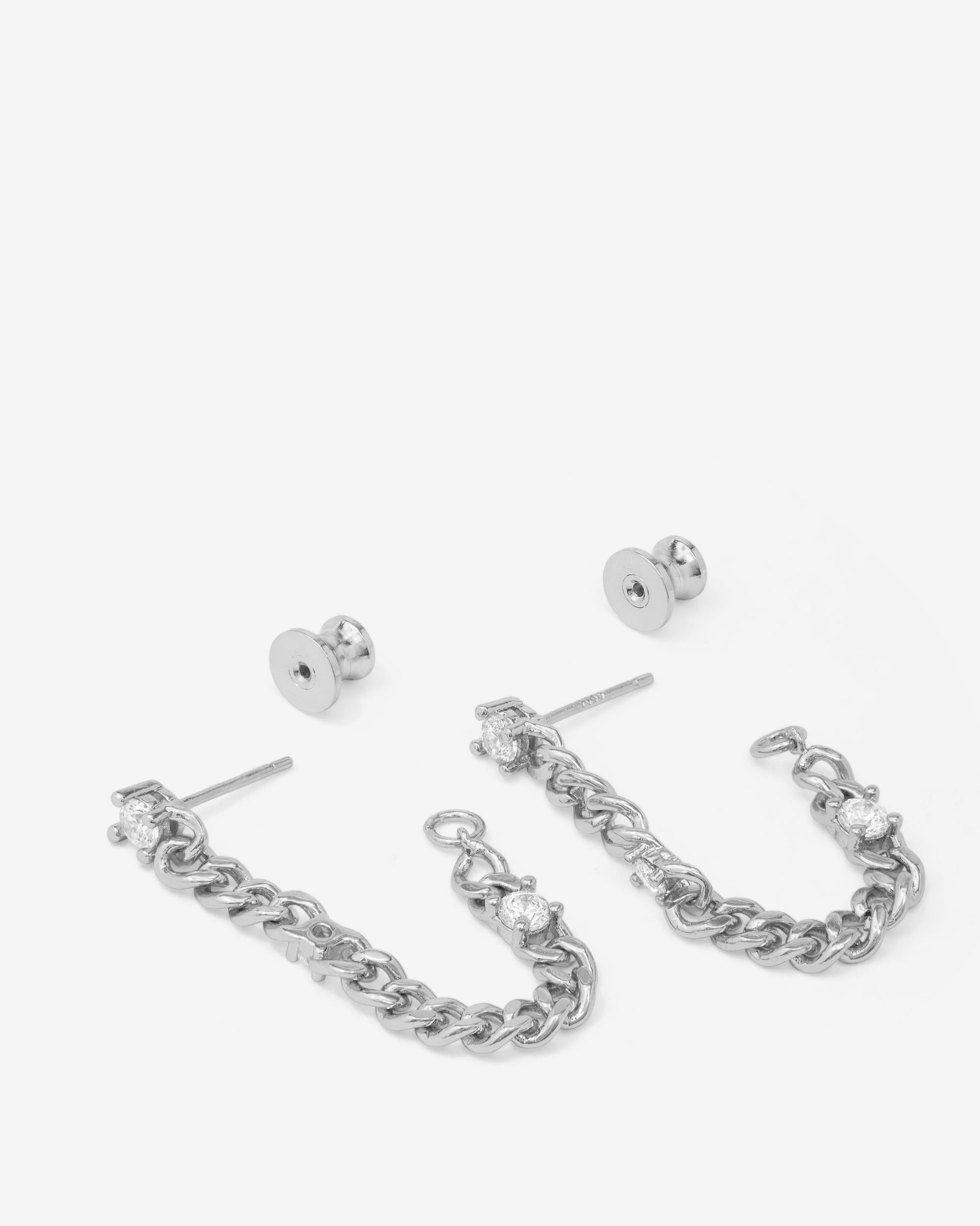 Julian Triple Diamond 4mm Soft Chain Hoops - Silver|White Diamondettes