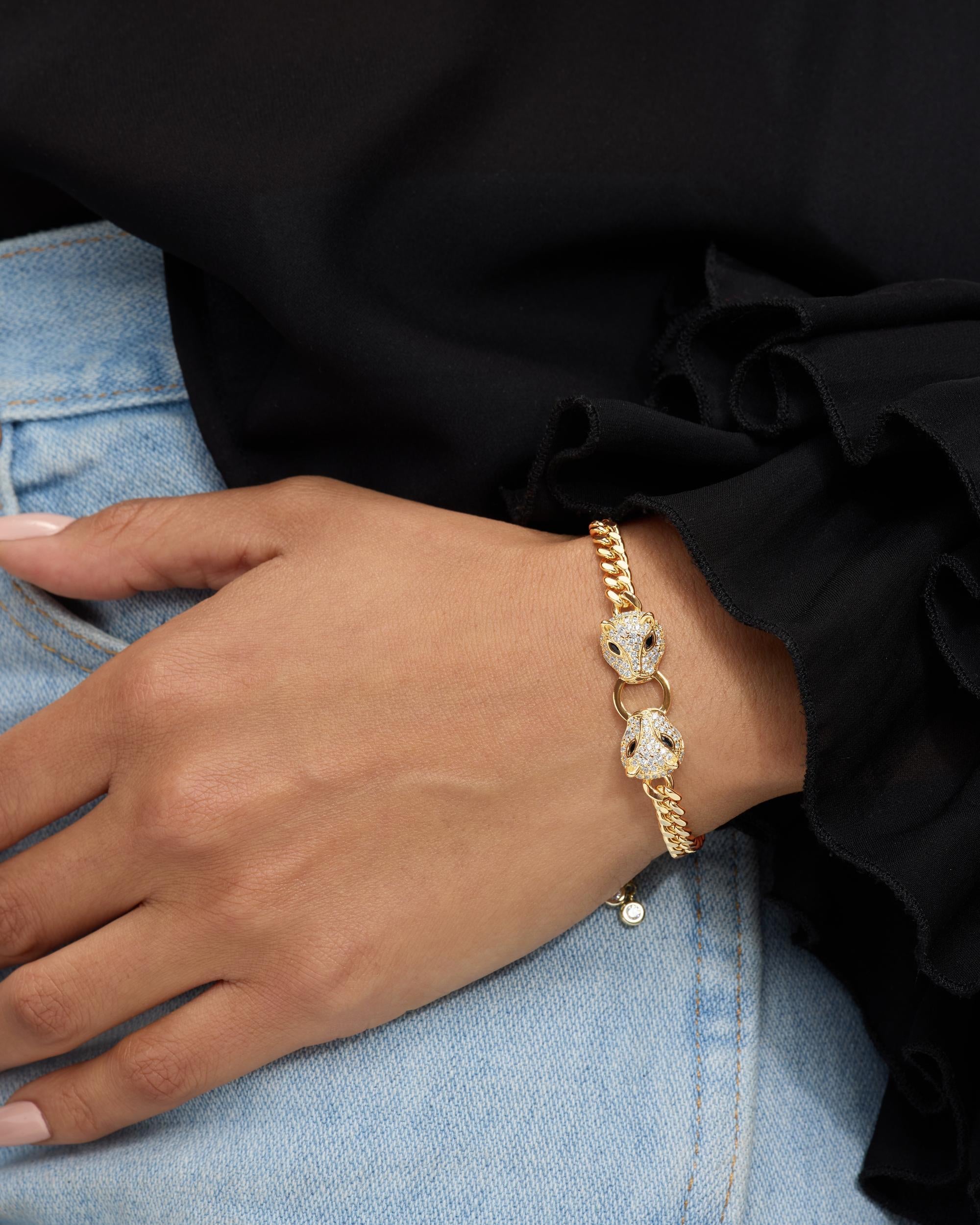 Double Jaguar Cuban Bracelet - Gold|White Diamondettes