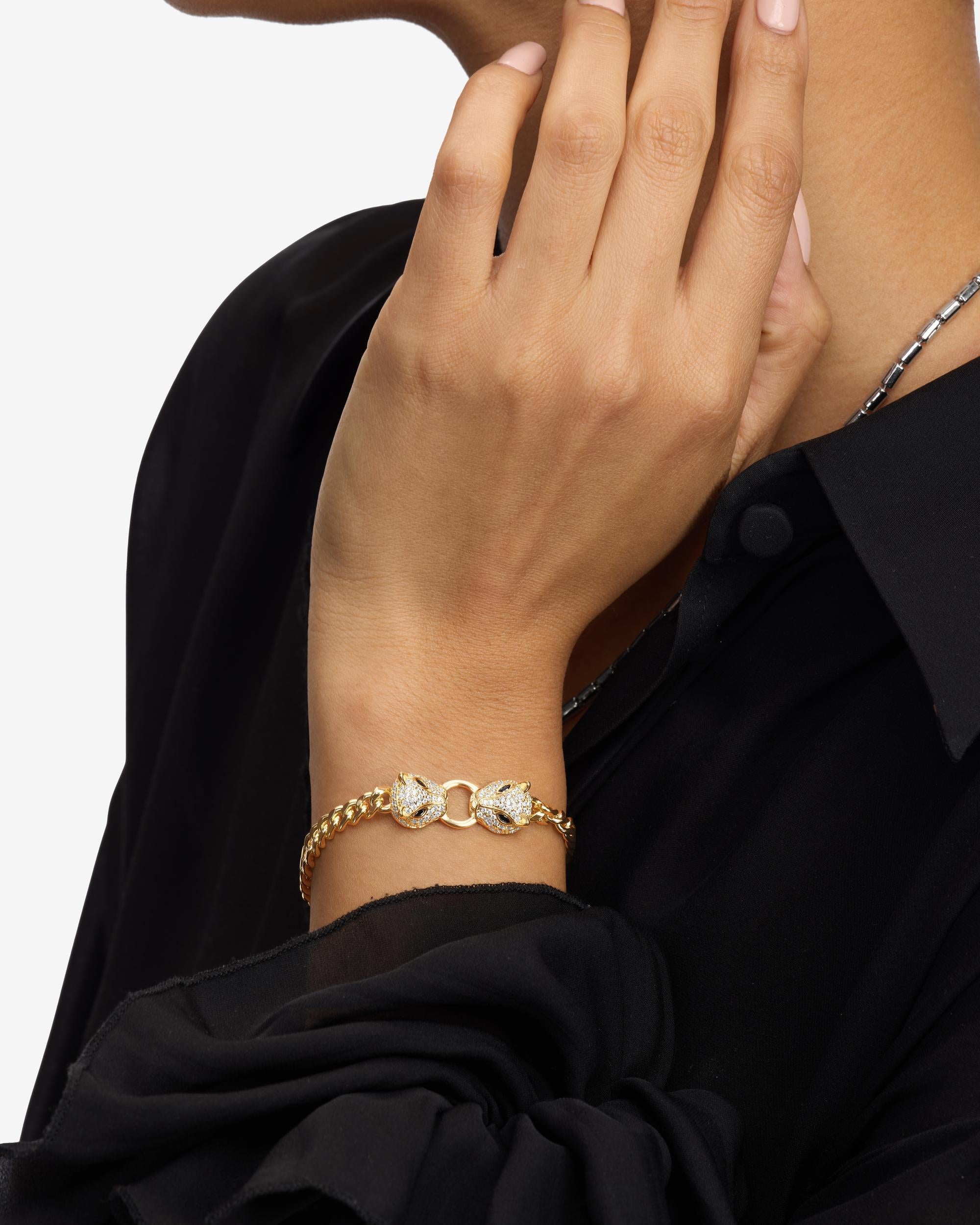 Double Jaguar Cuban Bracelet - Gold|White Diamondettes