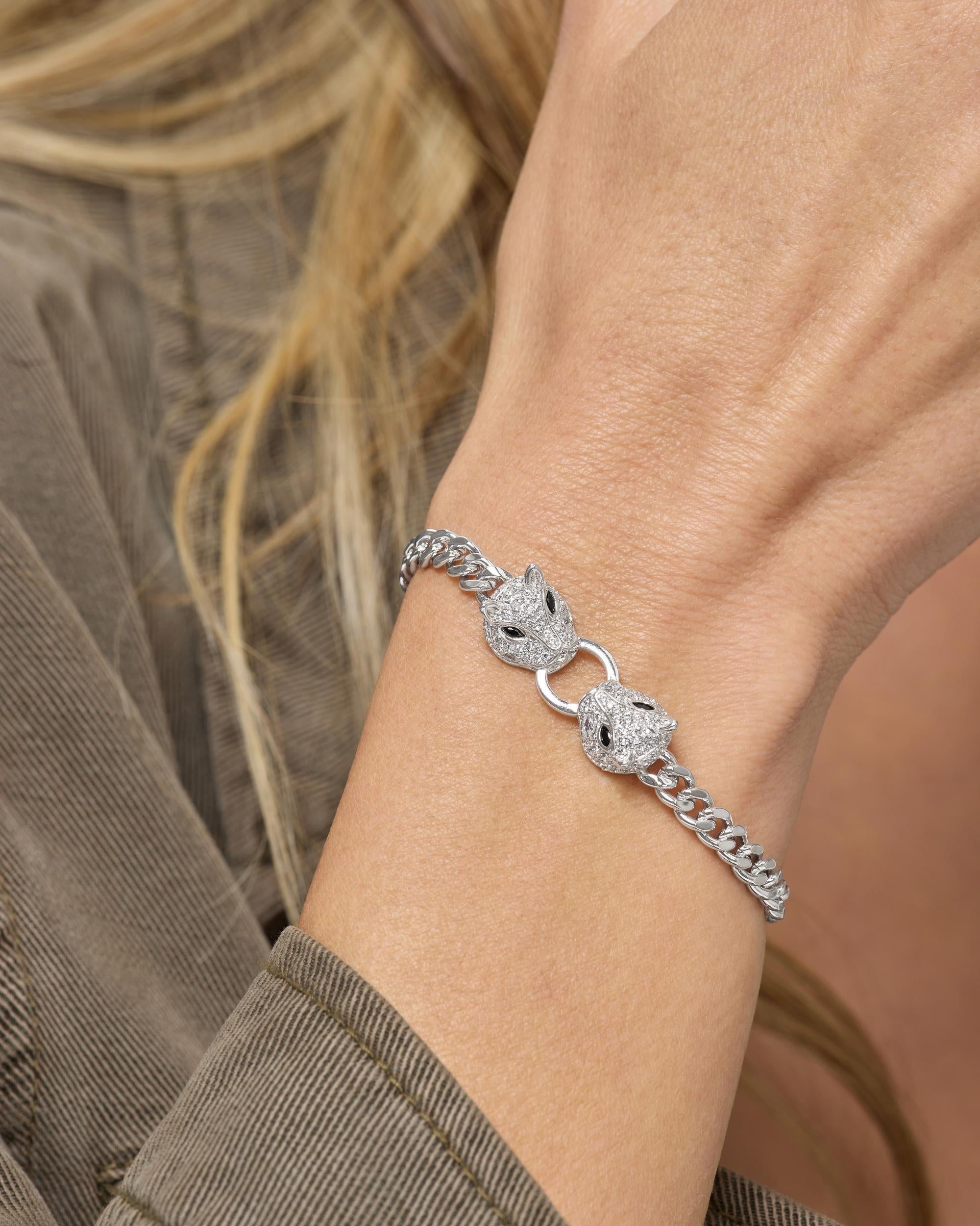 Double Jaguar Cuban Bracelet - Silver|White Diamondettes