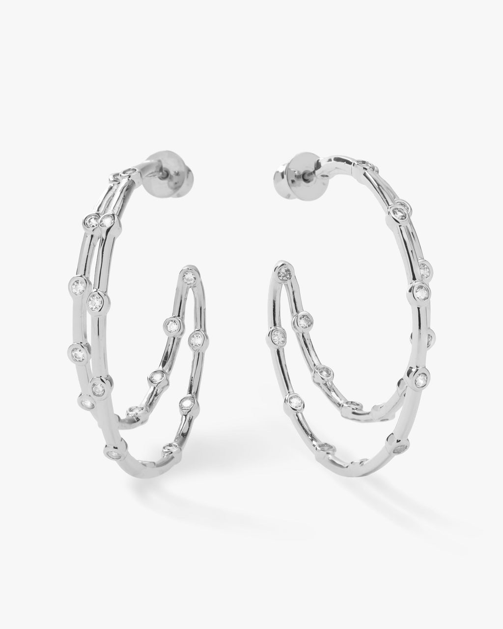 Big Ass Doubled Hoops 1.5" Silver White Diamondettes