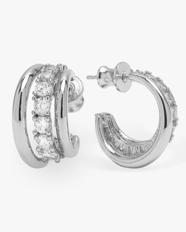 "Oh She Fancy" Smooth & Diamond Hoops - Silver|White Diamondettes
