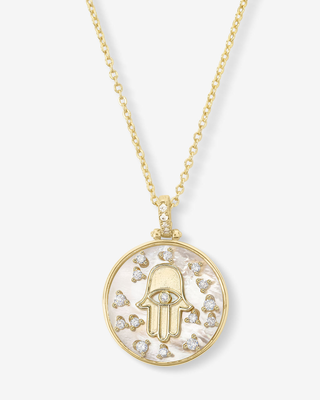 Hamsa Medallion Necklace - Gold|White Diamondettes