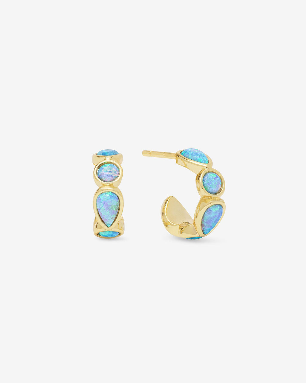 Isla Huggies: 18k Gold & Shimmering Blue Opal Hoops – Melinda