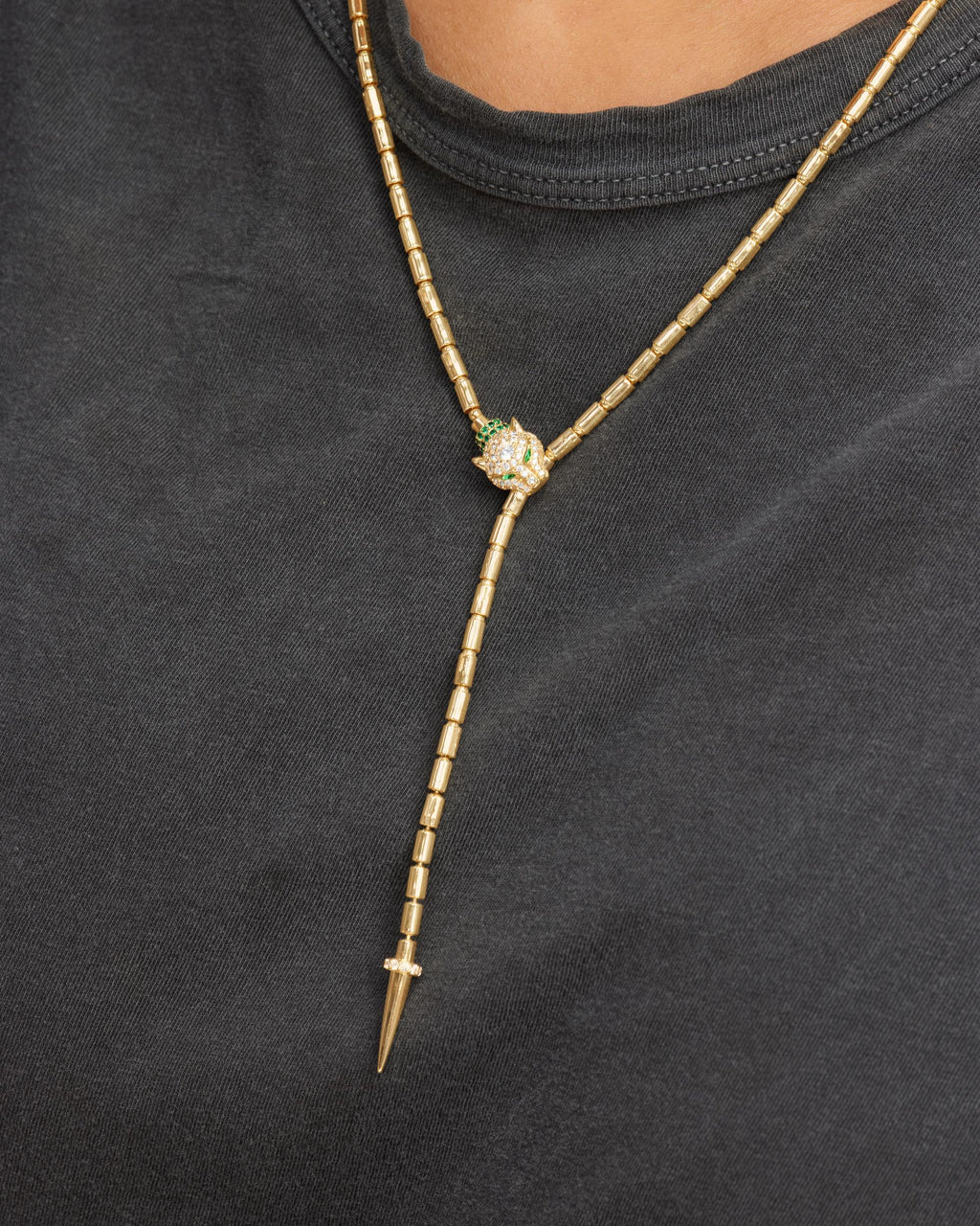 Jaguar Bolo Lariat Necklace - Gold|White Diamondettes
