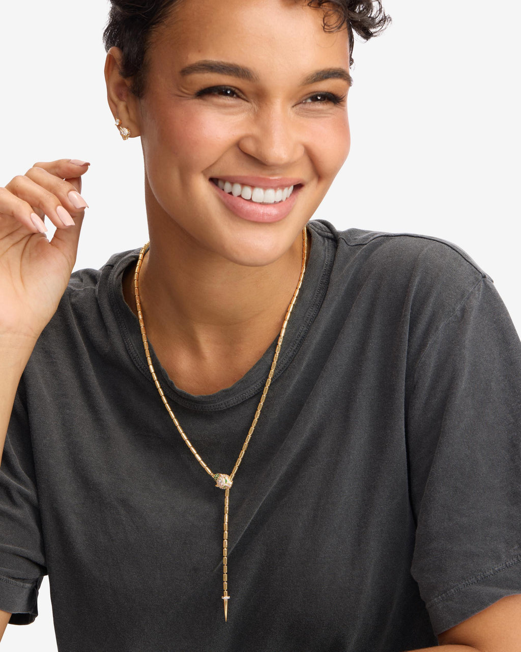 Jaguar Bolo Lariat Necklace - Gold|White Diamondettes