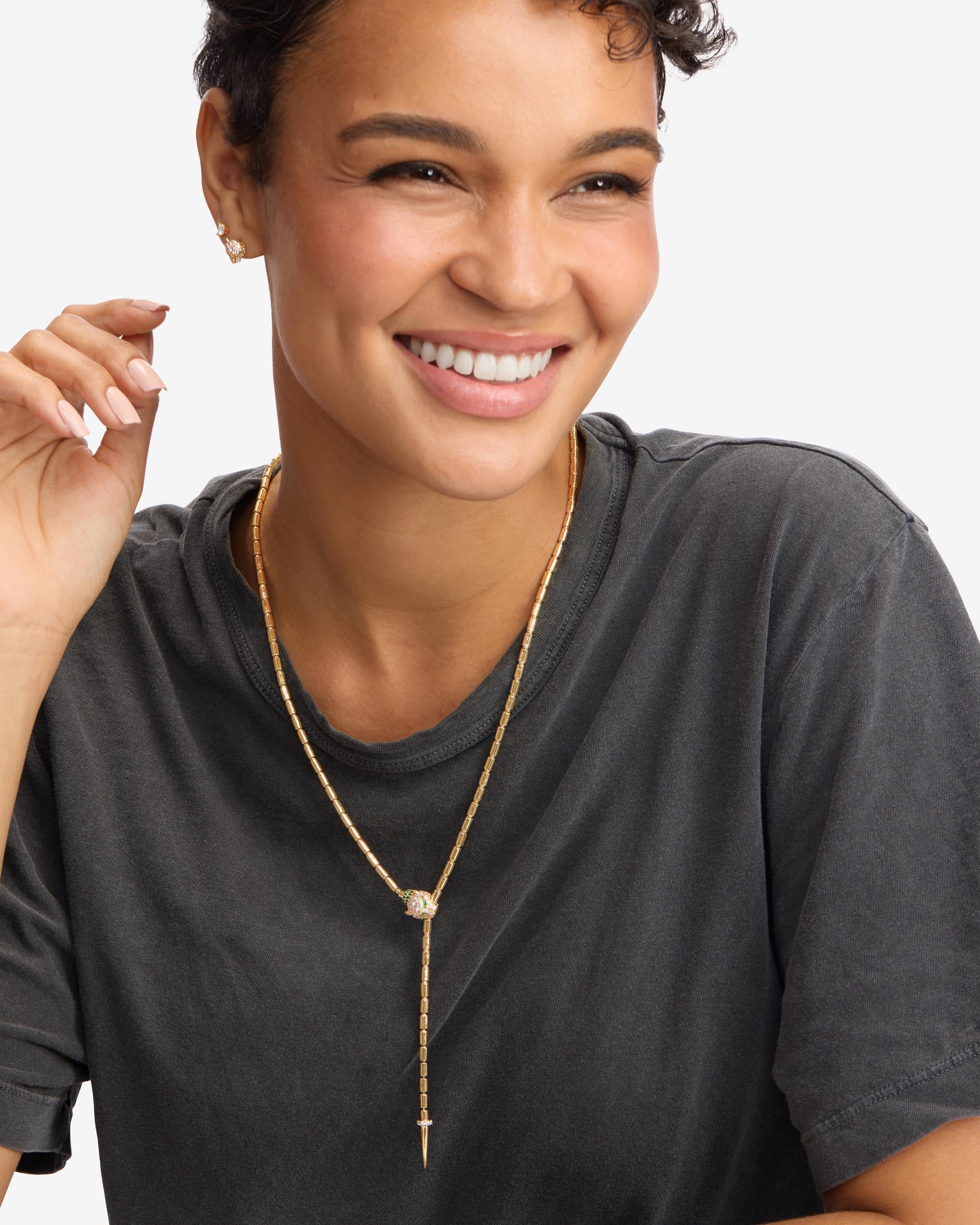 Jaguar Bolo Lariat Necklace - Gold|White Diamondettes