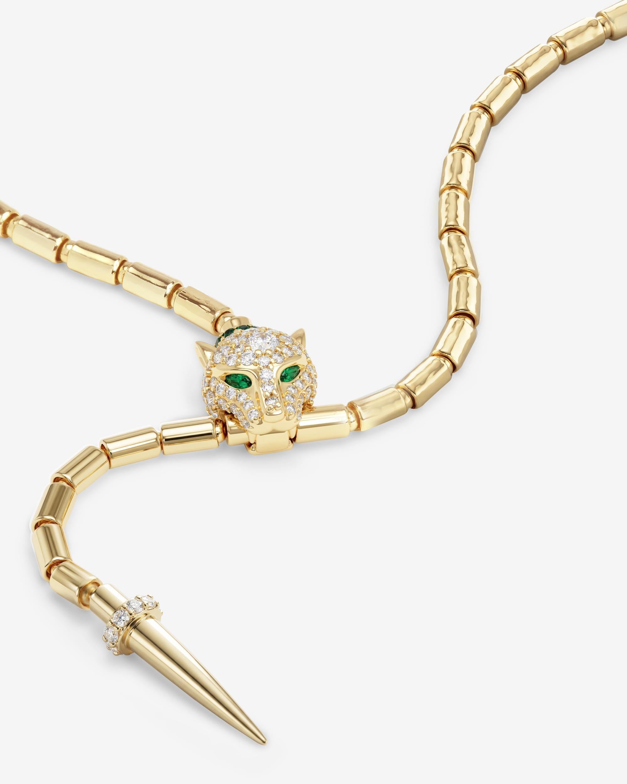Jaguar Bolo Lariat Necklace - Gold|White Diamondettes